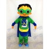Super mascotte de super héros avec un costume de cape verte