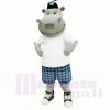 Hippo ensoleillé avec une chemise blanche et des costumes de mascotte