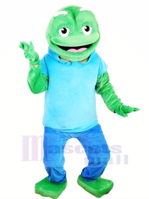 Gros vert La grenouille avec Bleu T-shirt Mascotte Les costumes Animal