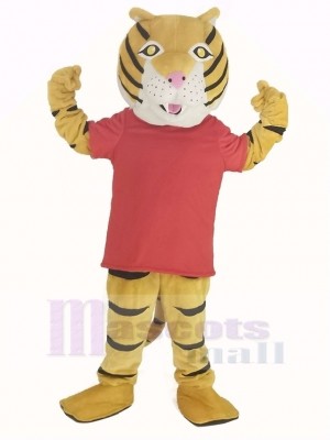 Heureux tigre dans rouge T-shirt Mascotte Costume