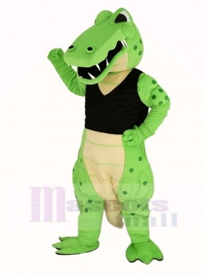 Puissance vert Crocodile dans Noir Gilet Mascotte Costume Animal