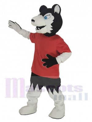 Noir Loup Joueur dans rouge T-shirt Mascotte Costume