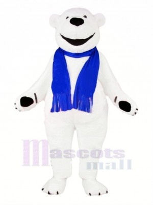 Blanc Ours avec Bleu Écharpe Mascotte Costume Dessin animé