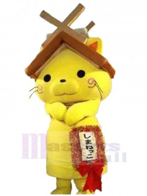Chat jaune Costume de mascotte Animal avec un toit de maison au-dessus de la tête
