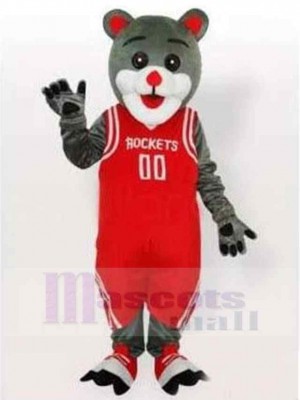 Chat gris heureux Costume de mascotte Animal dans les vêtements de basket-ball rouges