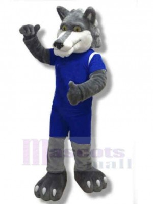 Loup gris puissant Costume de mascotte Animal en vêtements de sport bleus