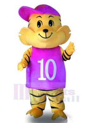 Tigre heureux Costume de mascotte Animal avec chapeau violet
