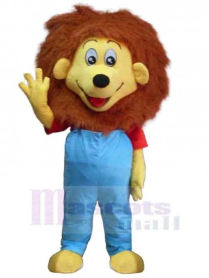 Lion heureux Mascotte Costume Animal en pantalon bleu