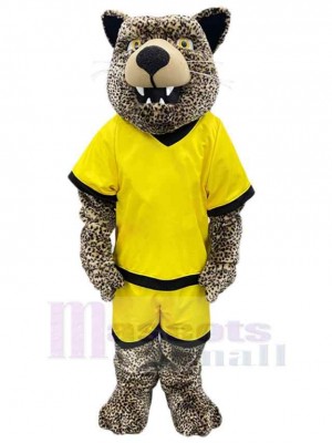 Léopard Mascotte Costume Animal dans les combinaisons de sport jaunes