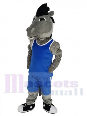 Gris Mustang en maillot bleu royal Costume de mascotte Animal