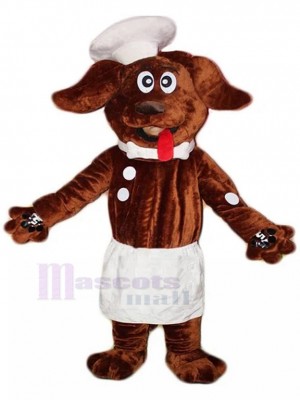 Souriant Costume de mascotte de chien chef brun foncé avec chapeau de cuisinier