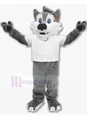 Costume de mascotte Husky de chien loup gris souriant en T-shirt blanc Animal
