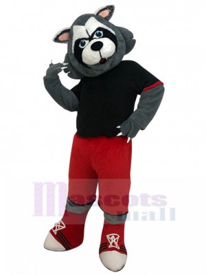 Sportif Loup gris costume de mascotte en pantalon rouge Animal