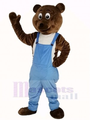 Foncé marron Ours dans Bleu Salopette Mascotte Costume Animal