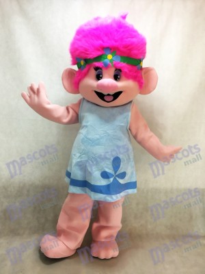 Trolls Cartoon bébé coquelicot avec costume de mascotte de cheveux roses