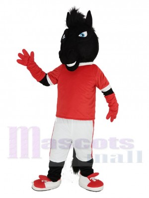 Noir Cheval dans rouge Jersey Mascotte Costume Animal