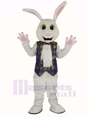 Pâques blanc lapin dans Bleu Gilet Mascotte Costume
