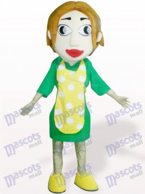 Femme avec tablier jaune Costume de mascotte adulte de dessin animé