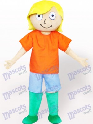 Costume de mascotte adulte de dessin animé de garçon de cheveux jaunes