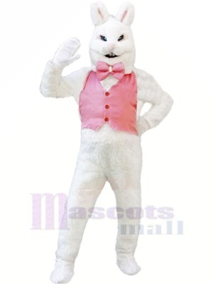 Blanc lapin lapin avec Rose ilet Mascotte Les costumes Pas cher