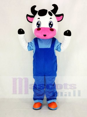 Mignonne Vache avec Bleu Salopette Mascotte Costume Dessin animé
