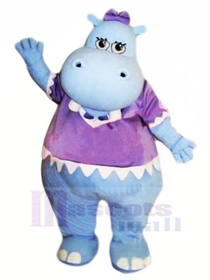 Bleu Hippopotame avec Violet T-shirt Mascotte Les costumes Pas cher