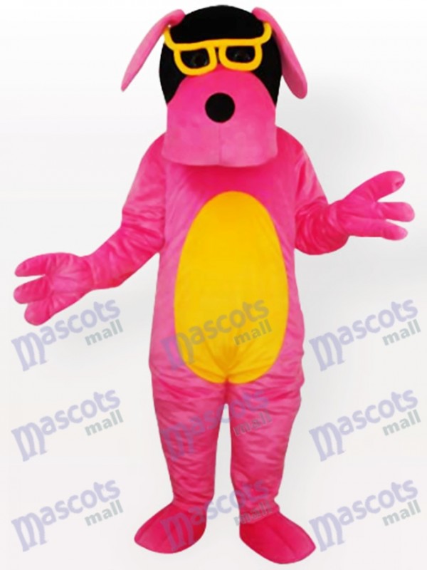 Costume de mascotte pour chien rose avec un ventre jaune et des lunettes