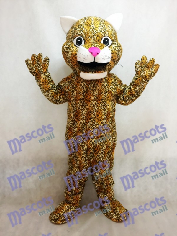 Costume de mascotte animal Léopard jaune bondissant avec un nez rose