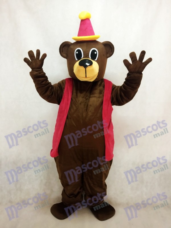 Ours brun d'anniversaire avec le costume de mascotte de gilet et de chapeau