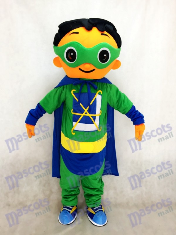 Super mascotte de super héros avec un costume de cape verte