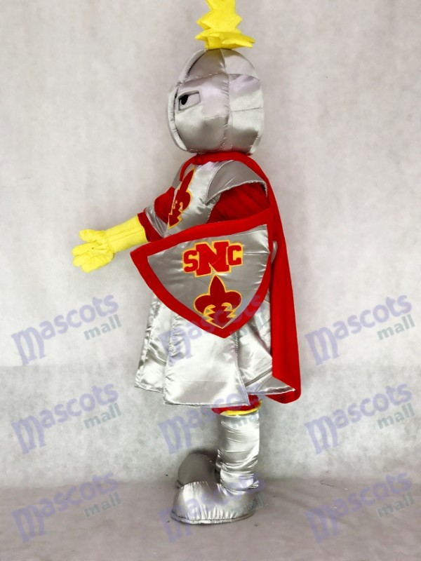 Costume de mascotte St Norbert de chevalier adulte en argent avec cape rouge