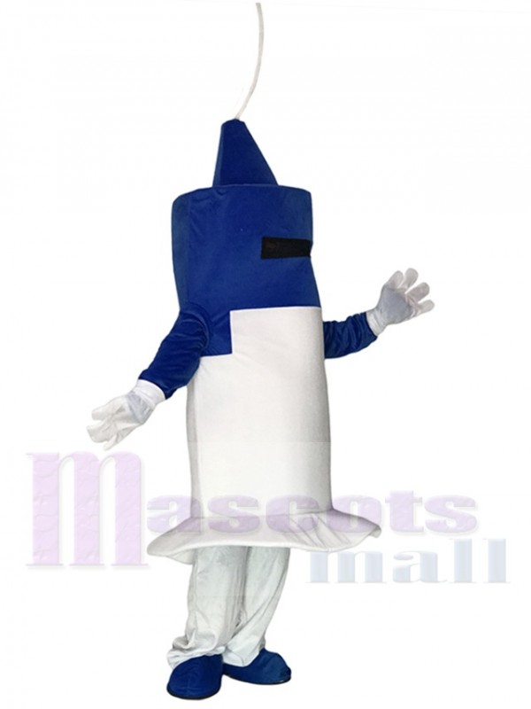 Seringue blanche et bleue pour le costume de mascotte de clinique d'hôpital