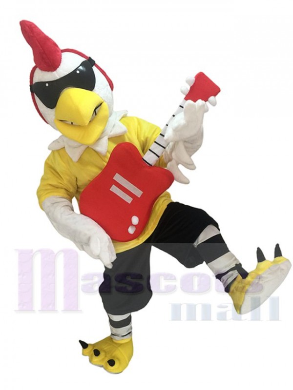 Coq avec guitare Rockin poulet mascotte Costume mascotte Costume